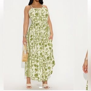 Fashion Nova Olive & Cream Shell-Accent Maxi Dress